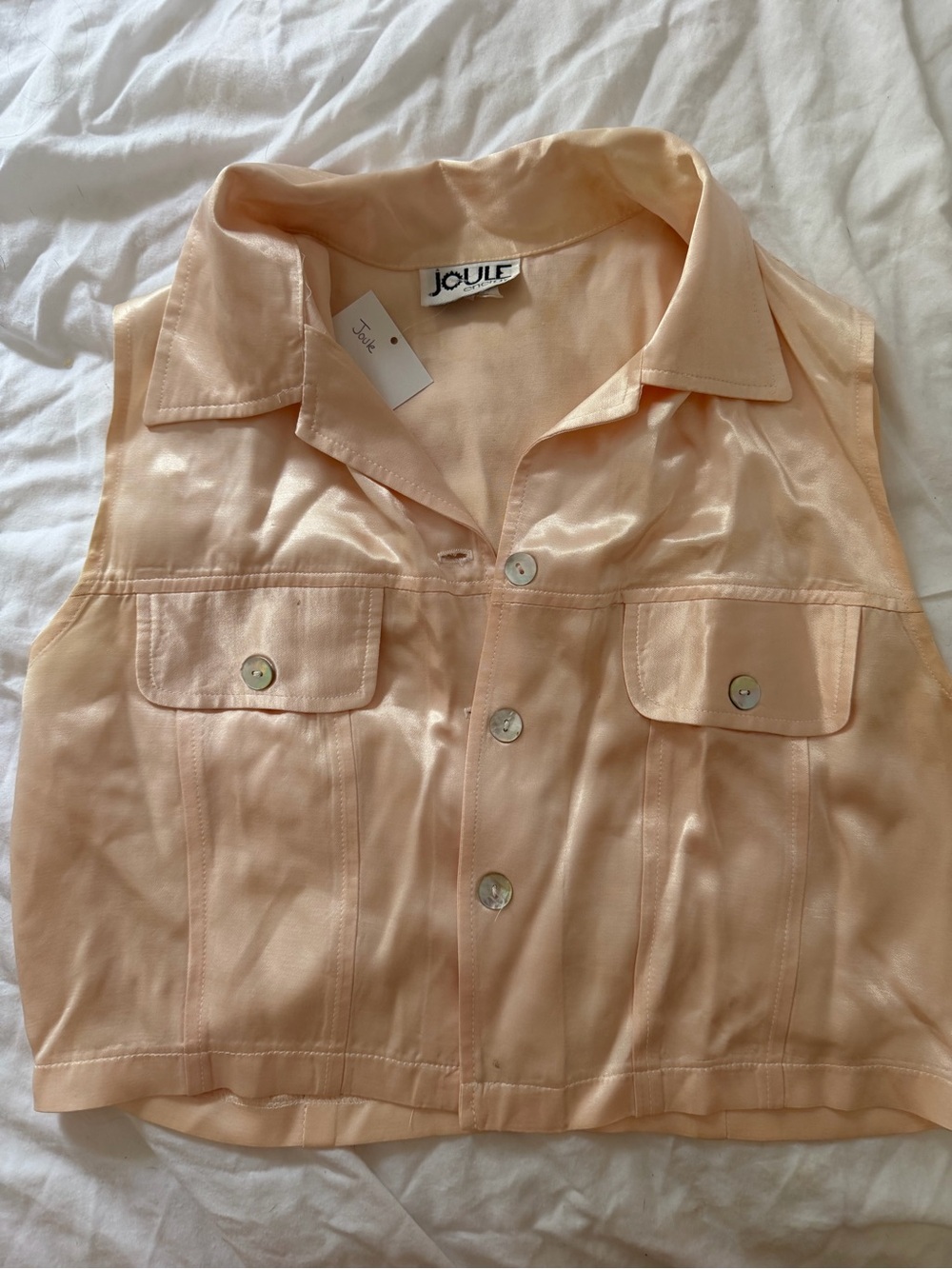 Joule Peach Satin Button Front Sleeveless Top mother of pearl buttons